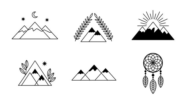 Collection of stylized mountain range line art graphics with mountains collection stylized illustration