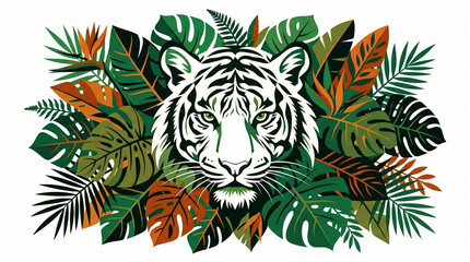 Fototapeta premium Negative Space Tiger Face in Tropical Leaves Wildlife Conservation Vector