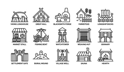 Fototapeta premium Viking settlement line icons showing buildings and village elements
