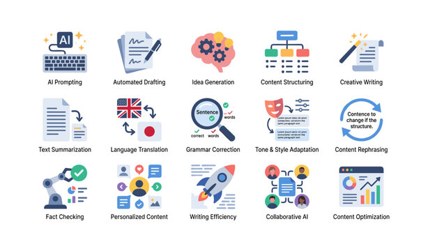 Content creation icons showcasing ai writing tools grid
