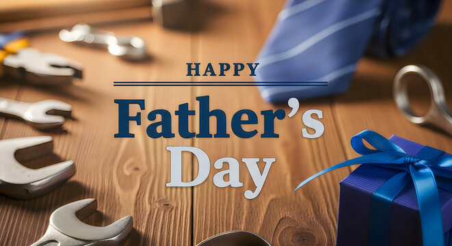 Fathers Day gift setup with tools and blue ribbon on wooden table