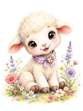An adorable baby lamb with a purple checkered scarf sitting in a spring flower meadow.