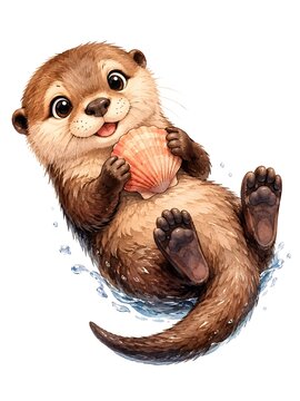 An adorable baby sea otter floats happily on its back while holding a pink seashell.