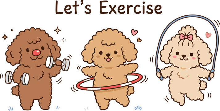 Cute Poodle Dogs Exercising with Weights, Hula Hoop, and Jump Rope for Fitness and Fun Illustration in Kawaii Style