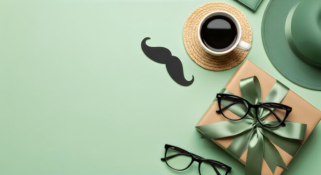 Fathers Day gift set with glasses, coffee, and wrapped present on pastel green table