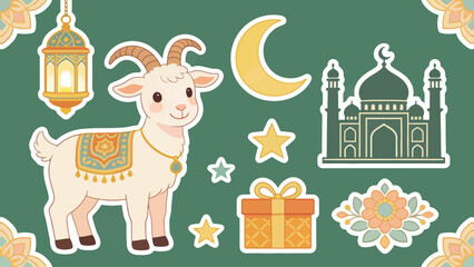 Fototapeta premium Eid ul Adha Goat Clip Art Set Vector with Islamic Festive Elements and Sacrifice Celebration Symbols