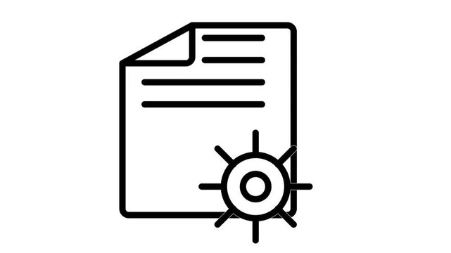 Animated document settings icon with rotating mechanical gears representing automated file processing and technical specifications.
