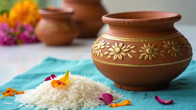 Empty clay Pongal pot with traditional gold floral patterns on blue cloth, raw white rice and flower petals for Thai Pongal festival preparations, South Indian harvest ceremony and Tamil culture backg