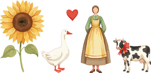 Cottagecore farm vector collection featuring a sunflower goose farm girl milk cow and red heart isolated on white background © SHANJIDA
