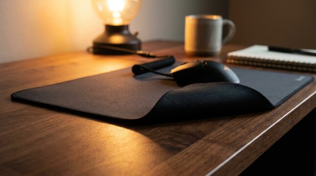 A dark gaming mousepad with a computer mouse rests on a wooden desk with warm ambient lighting.
