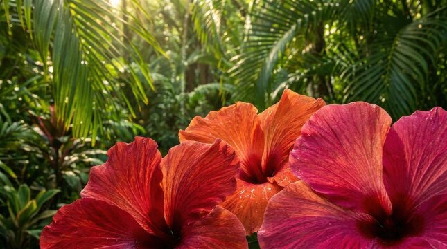 Close up of flamboyant red orange and pink hibiscus flowers with lush tropical foliage in sunlight