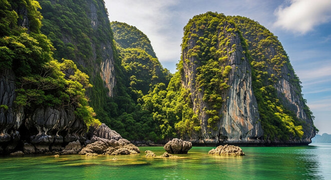 Majestic limestone karsts covered in lush greenery rise dramatically from clear emerald tropical waters under a vibrant blue sky, creating a breathtaking seascape