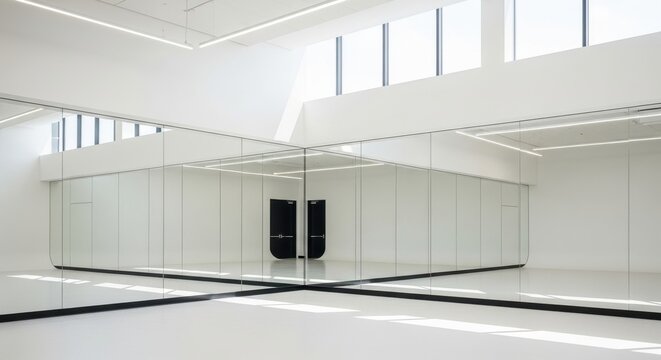 Expansive room with frameless floor-to-ceiling mirrors creating a modern, minimalist studio space