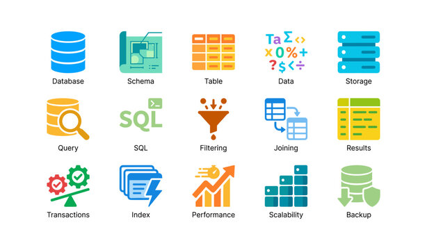 Database icons showing schema table query and storage on white
