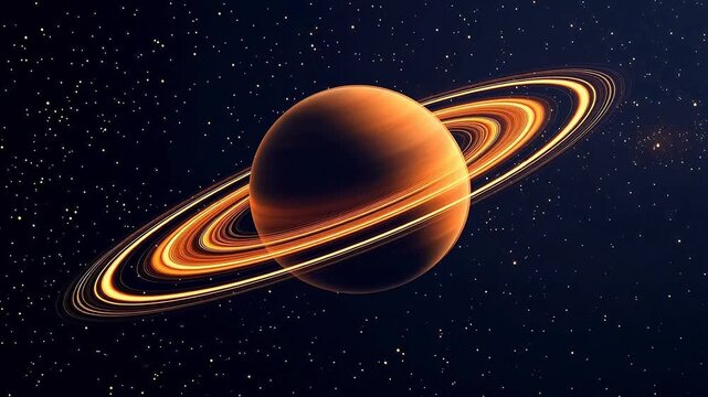 Saturn with glowing orange rings set against a deep space starry background
