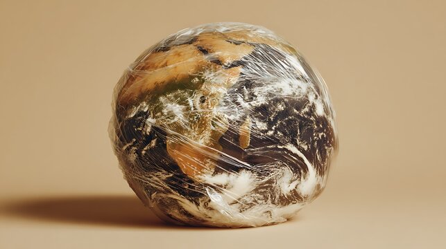 Globe model swathed in translucent plastic wrap, conveying environmental protection concept