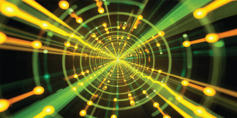 Obraz premium Abstract futuristic background featuring a green digital radar circle and motion light patterns in a dark space tunnel vector illustration