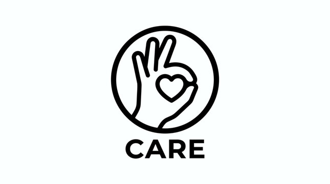 Hand holding heart symbol with ok gesture and care text.
