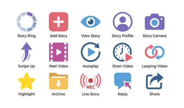 Social media story icons showing story camera and interactive controls