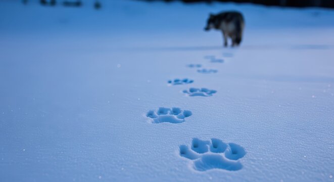 Close-up of Wolf Paw Prints in Fresh Snow Leading to a Blurred Wild Wolf in a Winter Wilde
