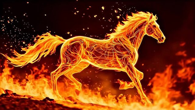 A galloping horse composed of fiery flames in dynamic motion with vivid light and energy