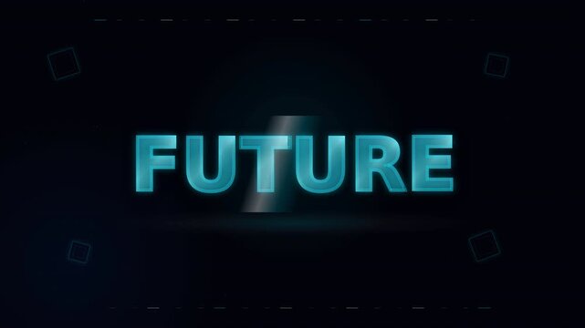 Glowing neon blue word "future" on dark tech background with subtle geometric shapes, futuristic digital style banner for innovation or technology concept.