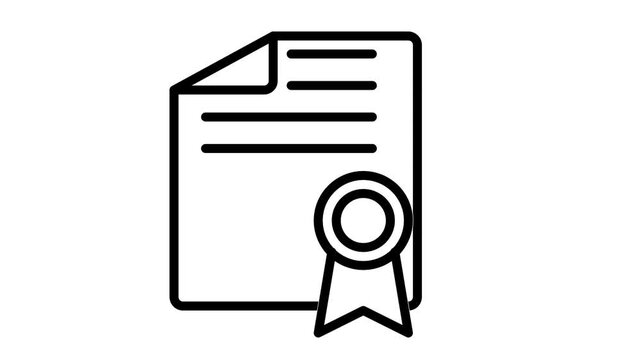 Animated premium certificate document icon featuring an award badge with ribbons for quality assurance and certified diplomas.