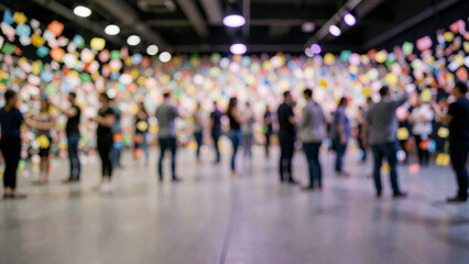 Obraz premium Blurred crowd of people at a large indoor event or corporate gathering