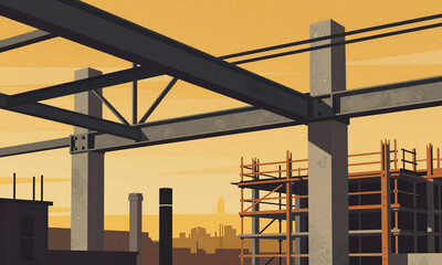 Fototapeta premium gritty construction site backdrop exposed steel beams concrete pipes abandoned scaffolding bathed warm golden light late