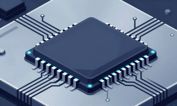 futuristic computer chip lies sleek metallic surface illuminated soft blue led lights intricate circuitry visible