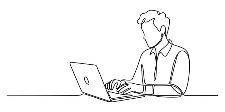 Man typing on a laptop computer continuous line drawing