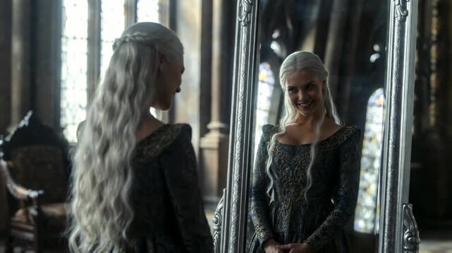 Woman in medieval gown standing before tall mirror, cinematic style, in dim hall, concept of reflection and introspection