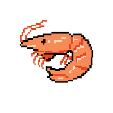 Pixel art of seafood shrimps 8-bit retro vector icon food design