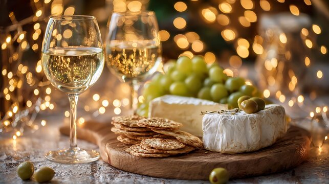 Festive still life of wine, cheese, grapes, crackers, and olives on a wooden board with string lights