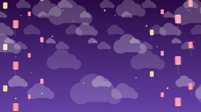 Animated twilight night sky background featuring glowing paper sky lanterns floating upwards among soft clouds and twinkling stars for elegant evening events.