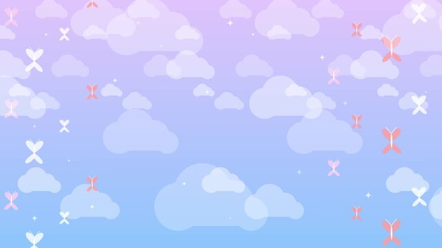 Animated dreamy lavender and purple sky featuring glowing translucent butterflies fluttering upwards through soft pastel clouds and sparkling stars.