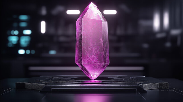 Glowing purple crystal levitating on futuristic pedestal in dark laboratory