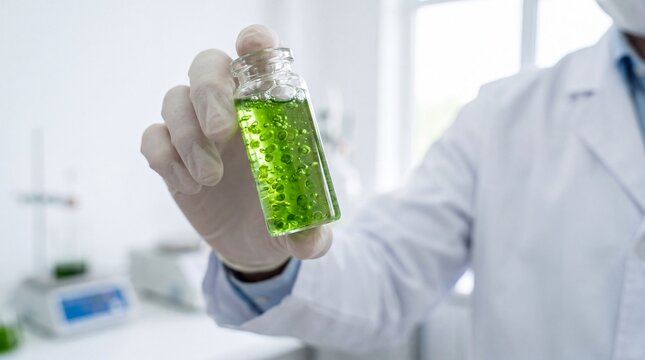 Scientist holding green liquid in laboratory