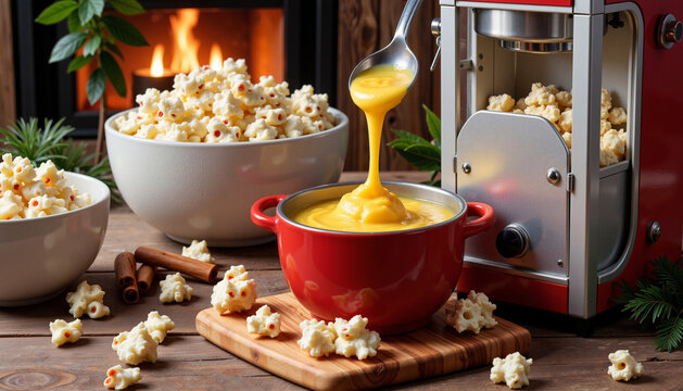 Popcorn machine with bowls of popcorn and cheese sauce on wooden table  