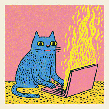 a cat working on a burning laptop