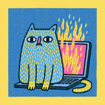 a cat working on a burning laptop