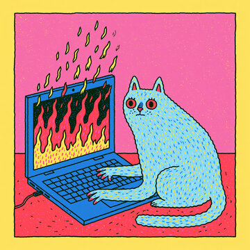 a cat working on a burning laptop