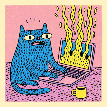 a cat working on a burning laptop