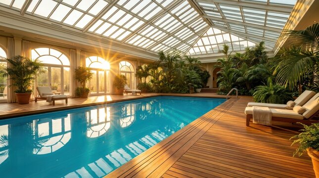 Luxurious indoor swimming pool bathed in warm sunlight within a grand atrium setting.