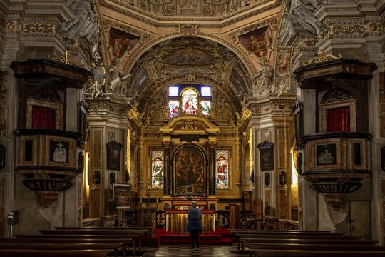 Church Santuario della SS Piet&agrave;, interior view, nave, Cannobio, Lake Maggiore, Province of Verbano-Cusio-Ossola, Piedmont region, Italy