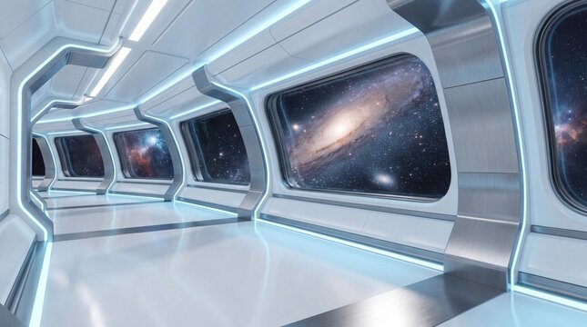 Space station interior with galaxy views