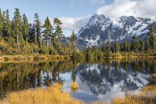 Mount Mt. Shuksan with reflection in Picture Lake, forest in front of glacier with snow, ice and rocks, Mount Baker-Snoqualmie National Forest, Washington, USA