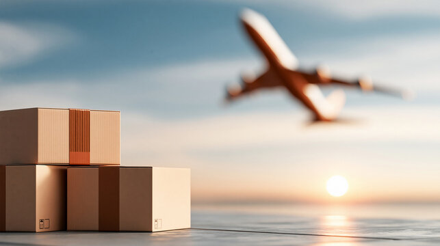 Air Transportation and transit of Container ships loading and unloading, Business logistic import-export transport Shipping cardboard boxed and Airplane flying on the background. Concept for cargo 