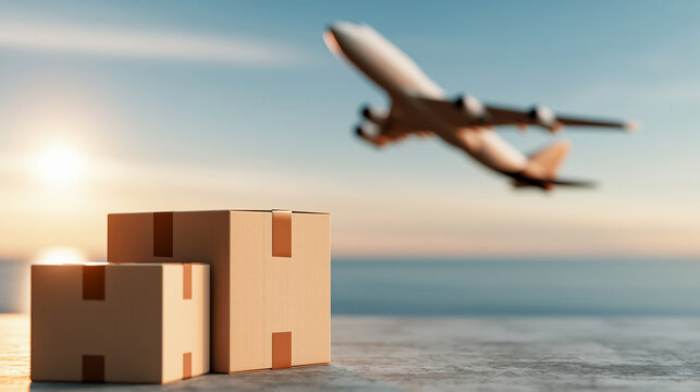 Air Transportation and transit of Container ships loading and unloading, Business logistic import-export transport Shipping cardboard boxed and Airplane flying on the background. Concept for cargo 