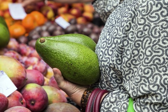 Woman holding two large avocado, market, indoor market, Mercado dos Lavradores, Funchal, Madeira, Portugal